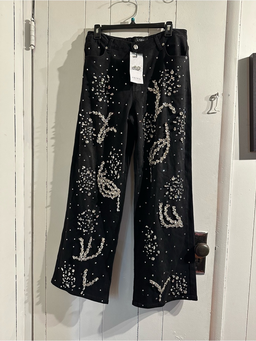 AKIRA NWT Black FULLY Embellished Jeans with RhinestoneS FRONT AND BACK wide leg